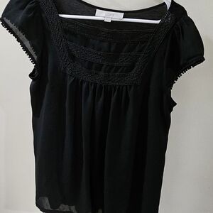 LOFT Black Smocked Ruffled Blouse with Bib Collar